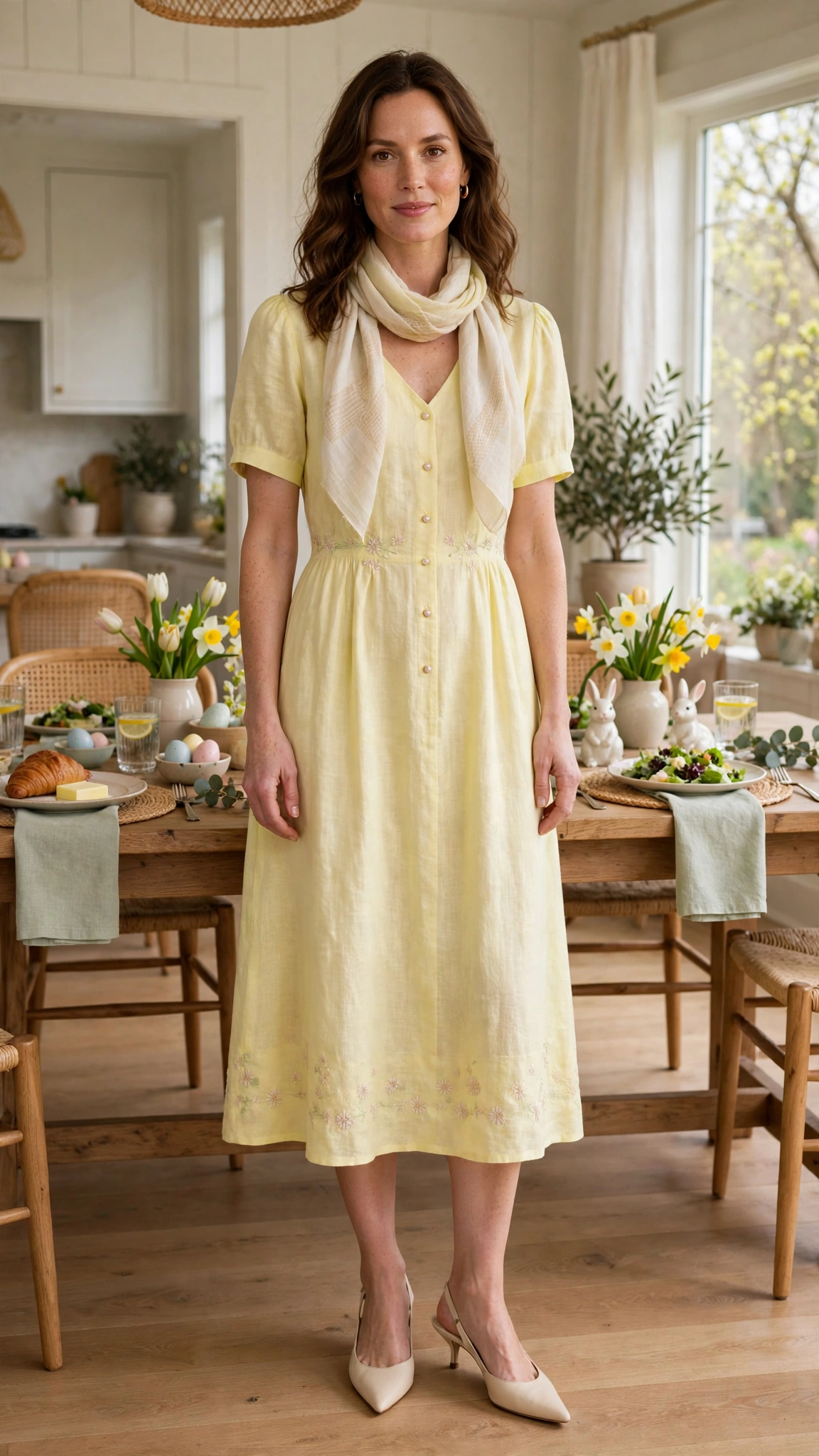 Lemon Yellow Pastel Easter Dress Outfit with slingback heels and a light scarf