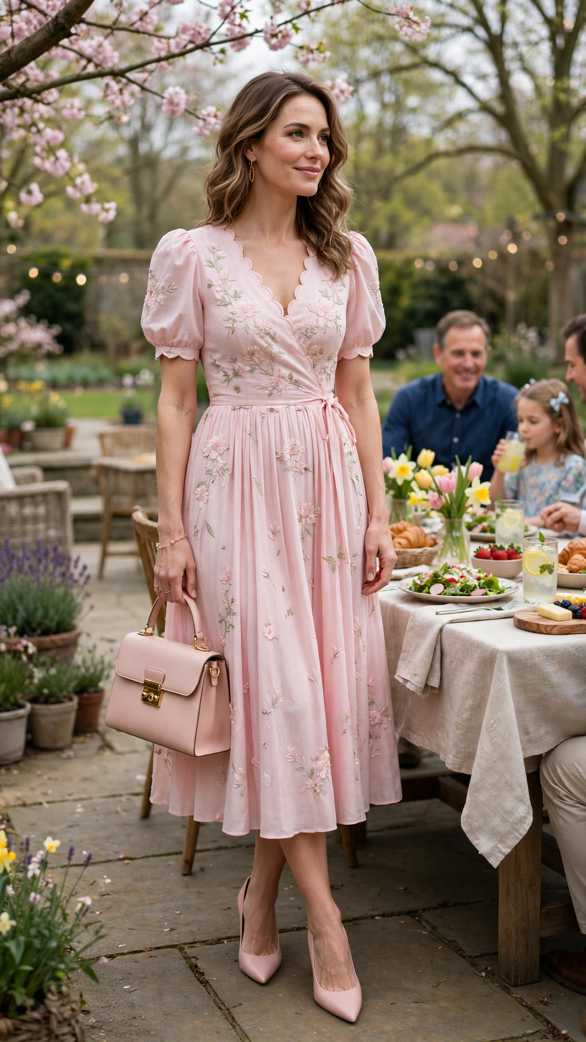 Shell Pink Pastel Easter Dress Outfit with pointed pumps and a structured bag