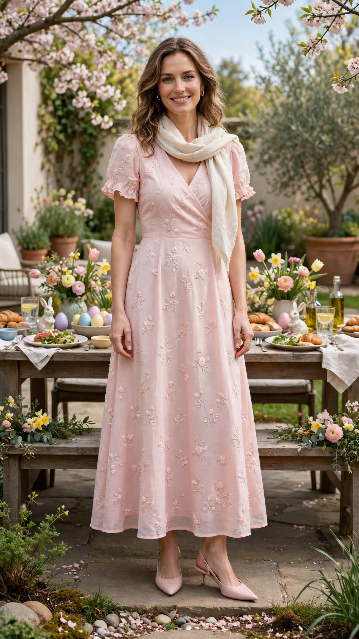 Blush Pink Pastel Easter Dress Outfit with slingback heels and a light scarf