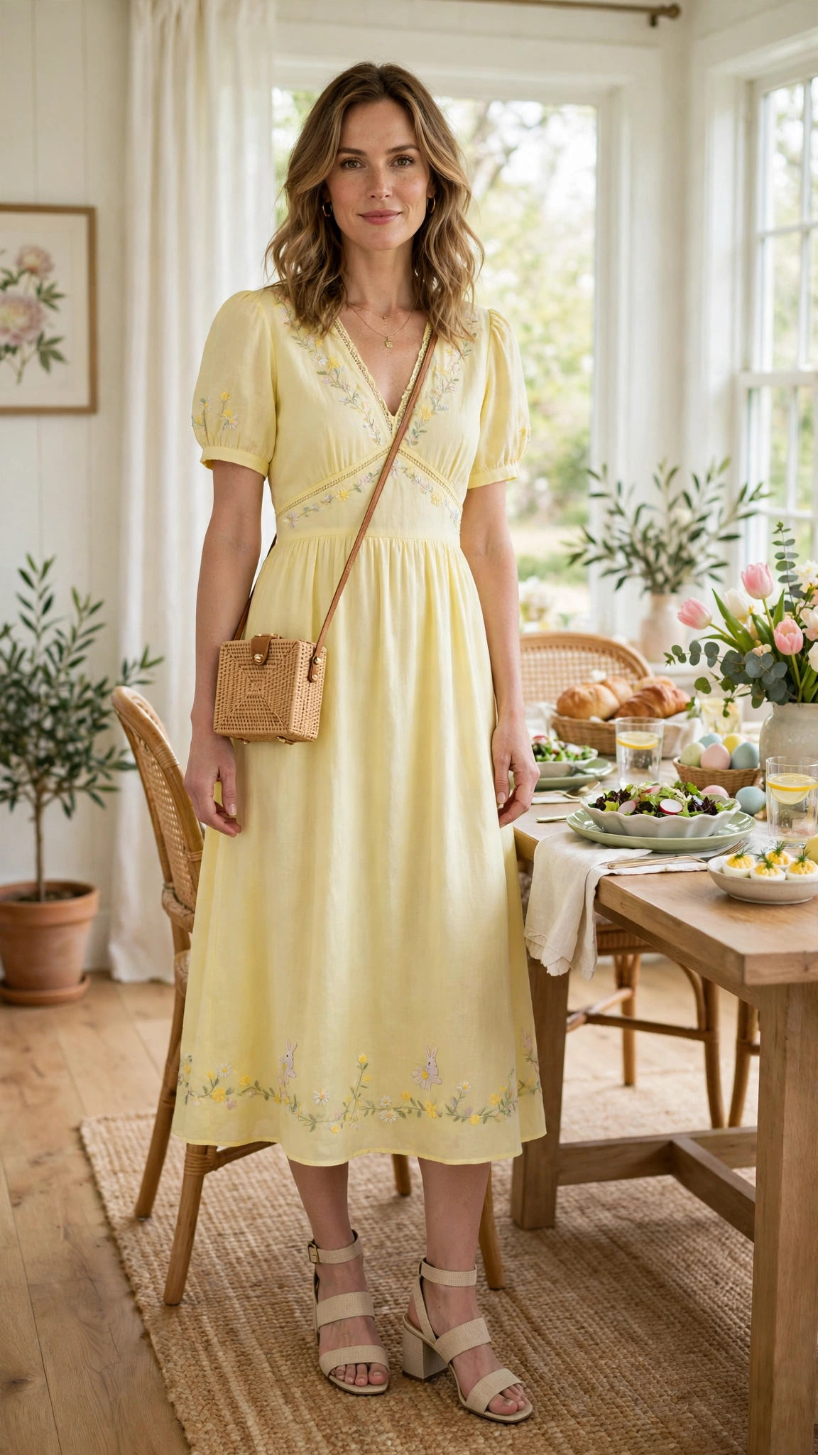 Lemon Yellow Pastel Easter Dress Outfit with block-heel sandals and a small crossbody