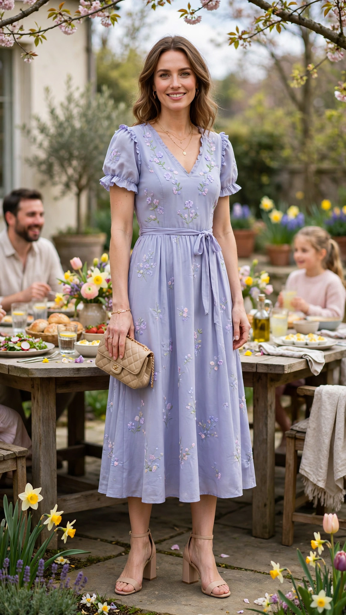 Periwinkle Pastel Easter Dress Outfit with nude block heels and a small clutch