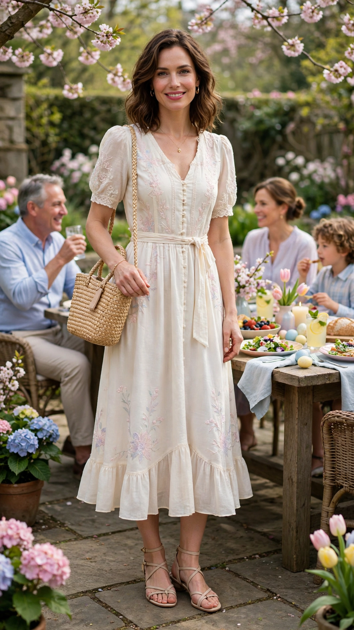 Ivory Pastel Easter Dress Outfit with strappy sandals and a straw bag