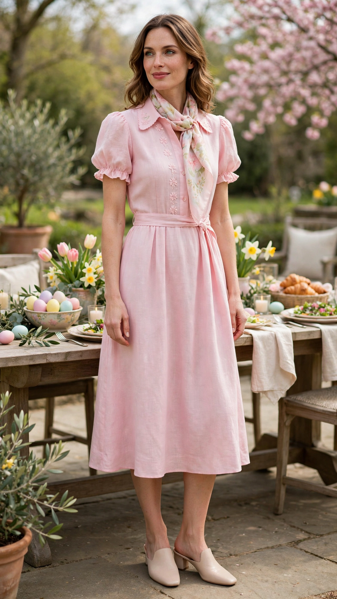 Shell Pink Pastel Easter Dress Outfit with mules and a silk scarf