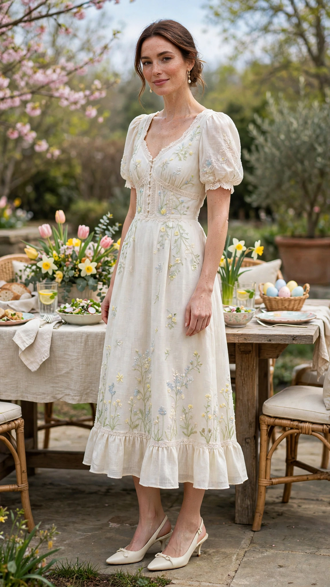 Ivory Pastel Easter Dress Outfit with kitten heels and delicate earrings