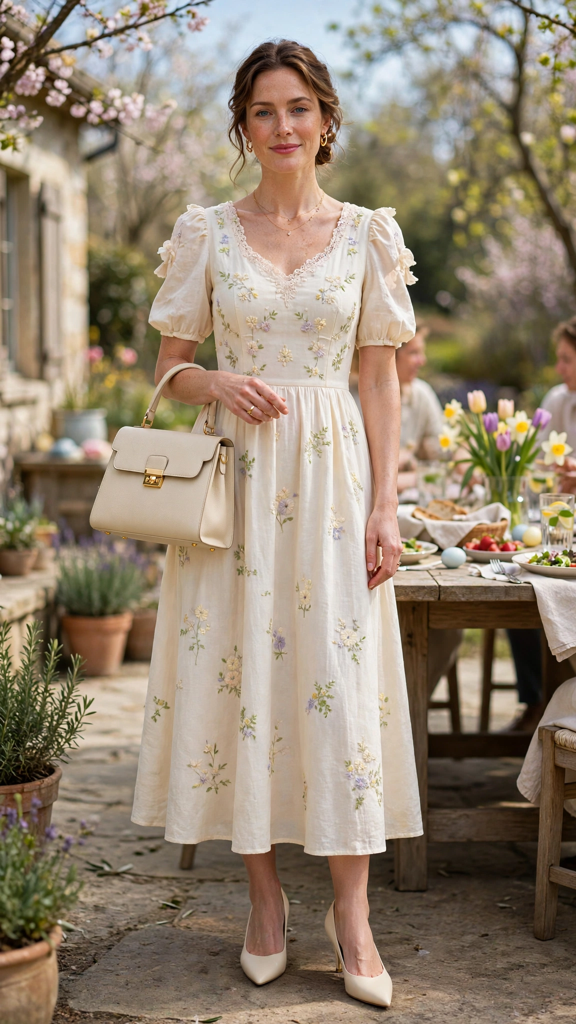 Cream Pastel Easter Dress Outfit with pointed pumps and a structured bag