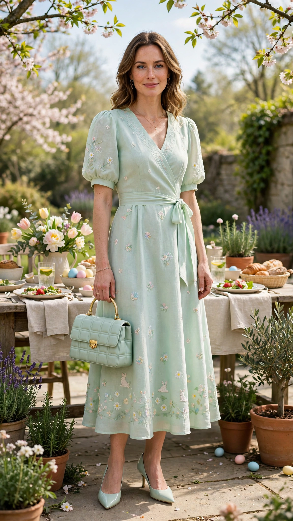 Mint Pastel Easter Dress Outfit with pointed pumps and a structured bag