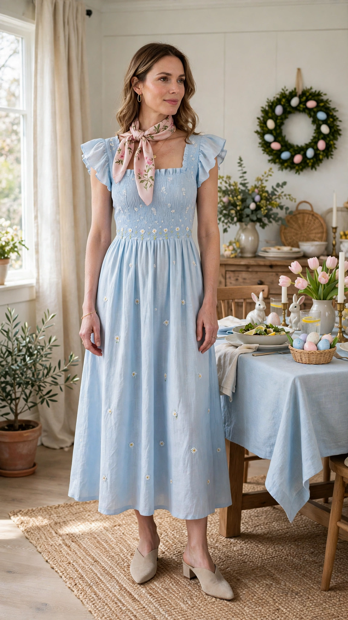 Baby Blue Pastel Easter Dress Outfit with mules and a silk scarf