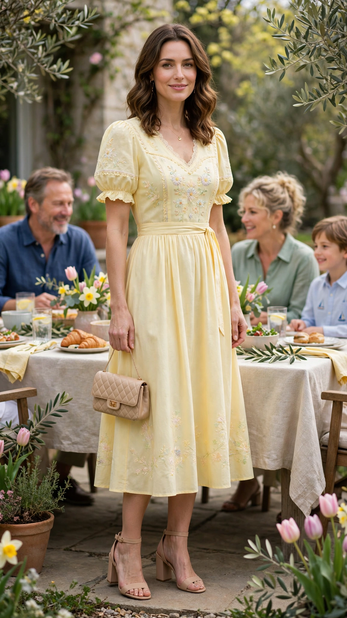 Butter Yellow Pastel Easter Dress Outfit with nude block heels and a small clutch