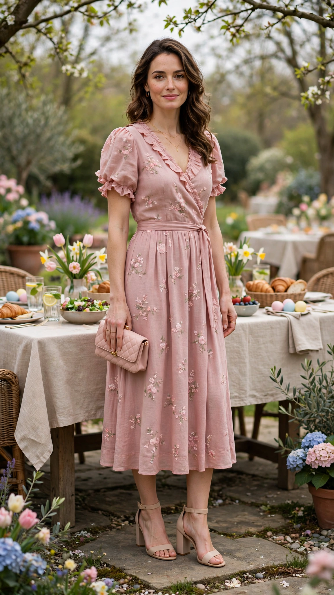 Dusty Rose Pastel Easter Dress Outfit with nude block heels and a small clutch