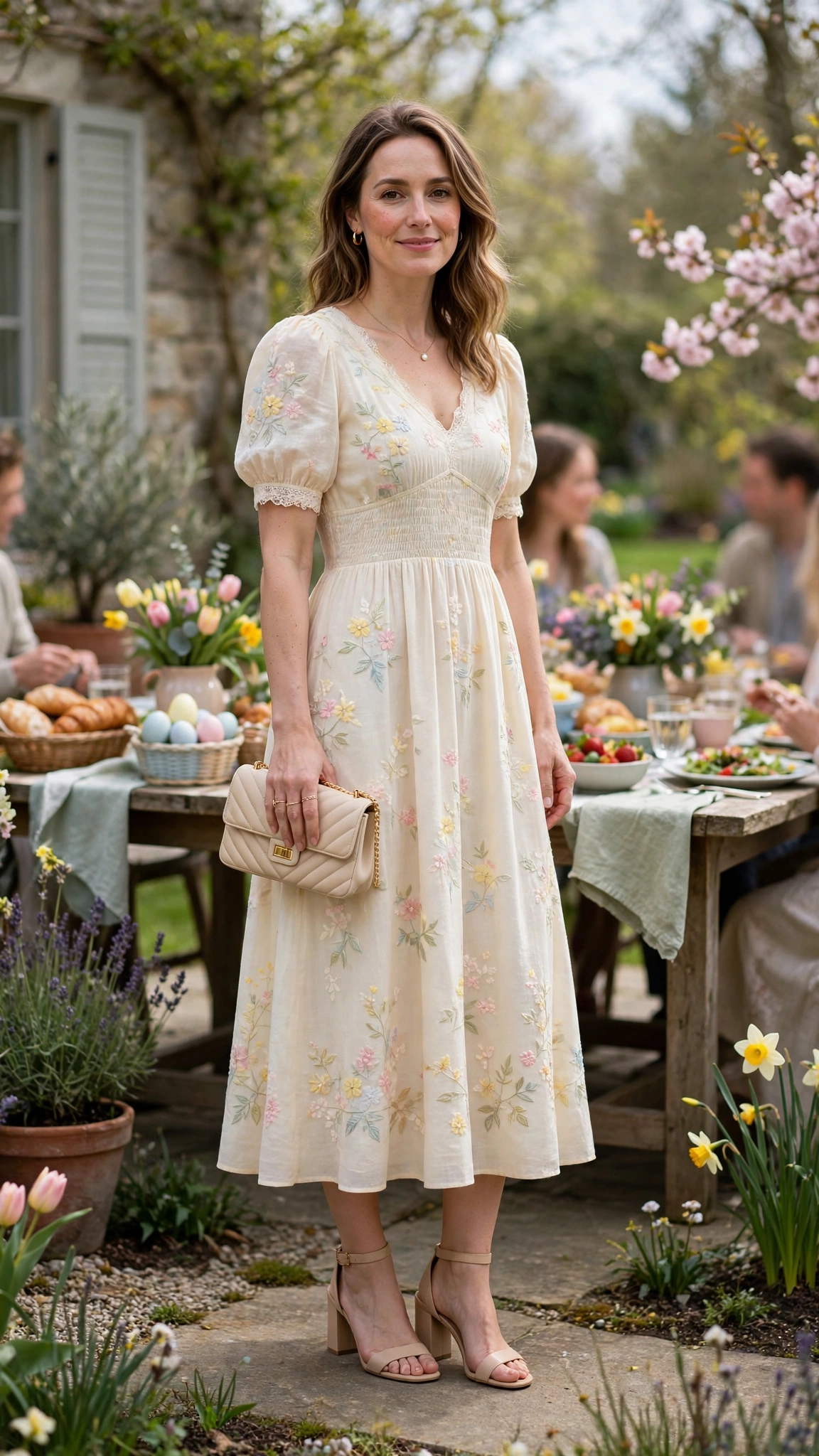 Cream Pastel Easter Dress Outfit with nude block heels and a small clutch