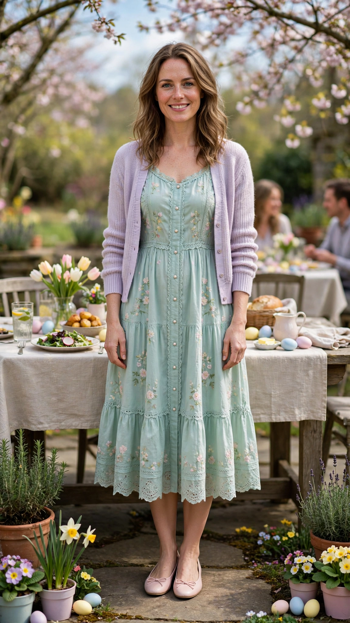 Seafoam Pastel Easter Dress Outfit with ballet flats and a pastel cardigan