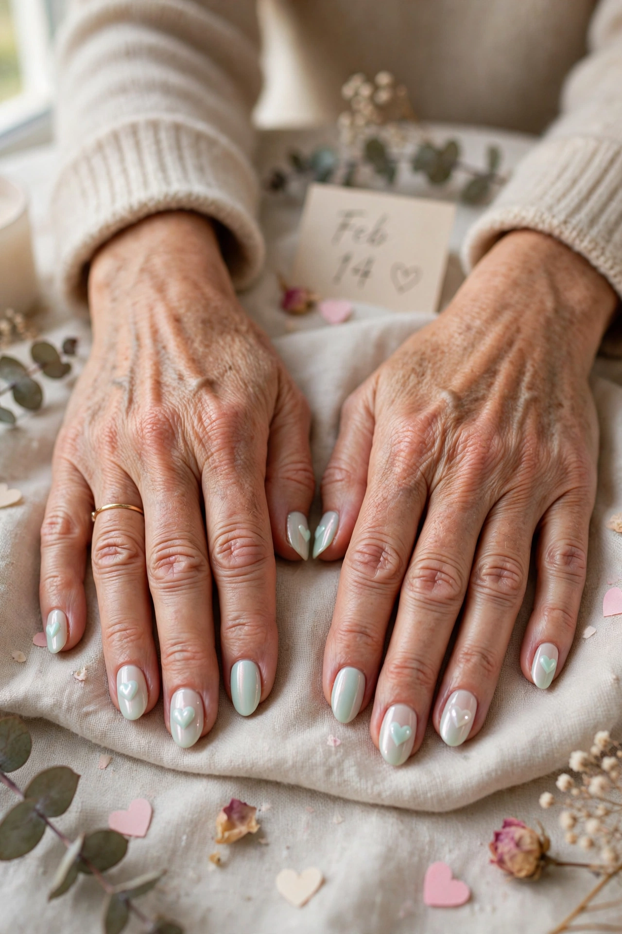 Pastel Mint Pastel Heart Accent Nails in Almond Shape with a Pearl Finish
