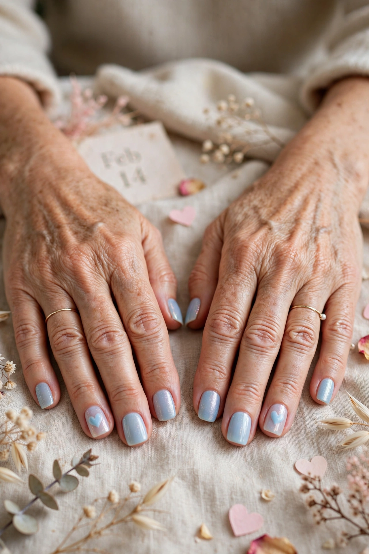 Pastel Blue Pastel Heart Accent Nails in Short Square Shape with a Sheer Shimmer Layer