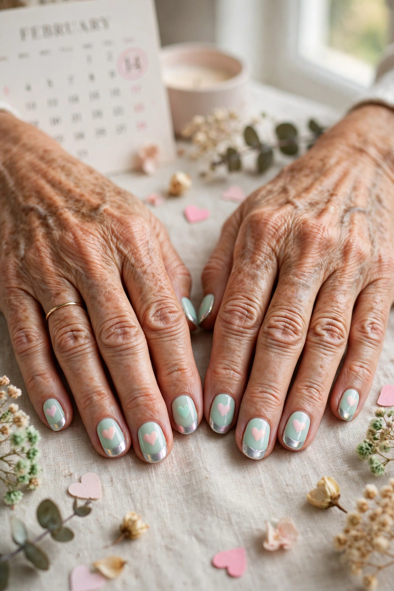 Pastel Mint Pastel Heart Accent Nails in Round Shape with a Frosted Chrome Tip