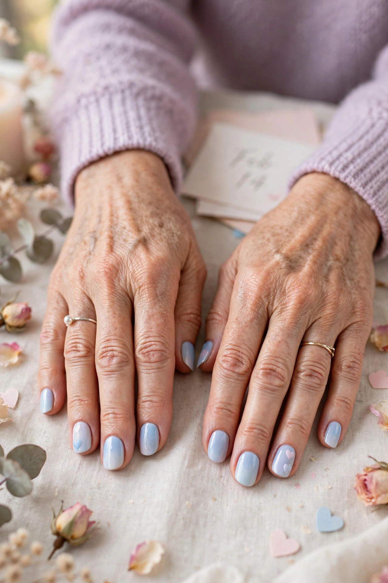 Pastel Blue Pastel Heart Accent Nails in Squoval Shape with a Soft Ombré Fade