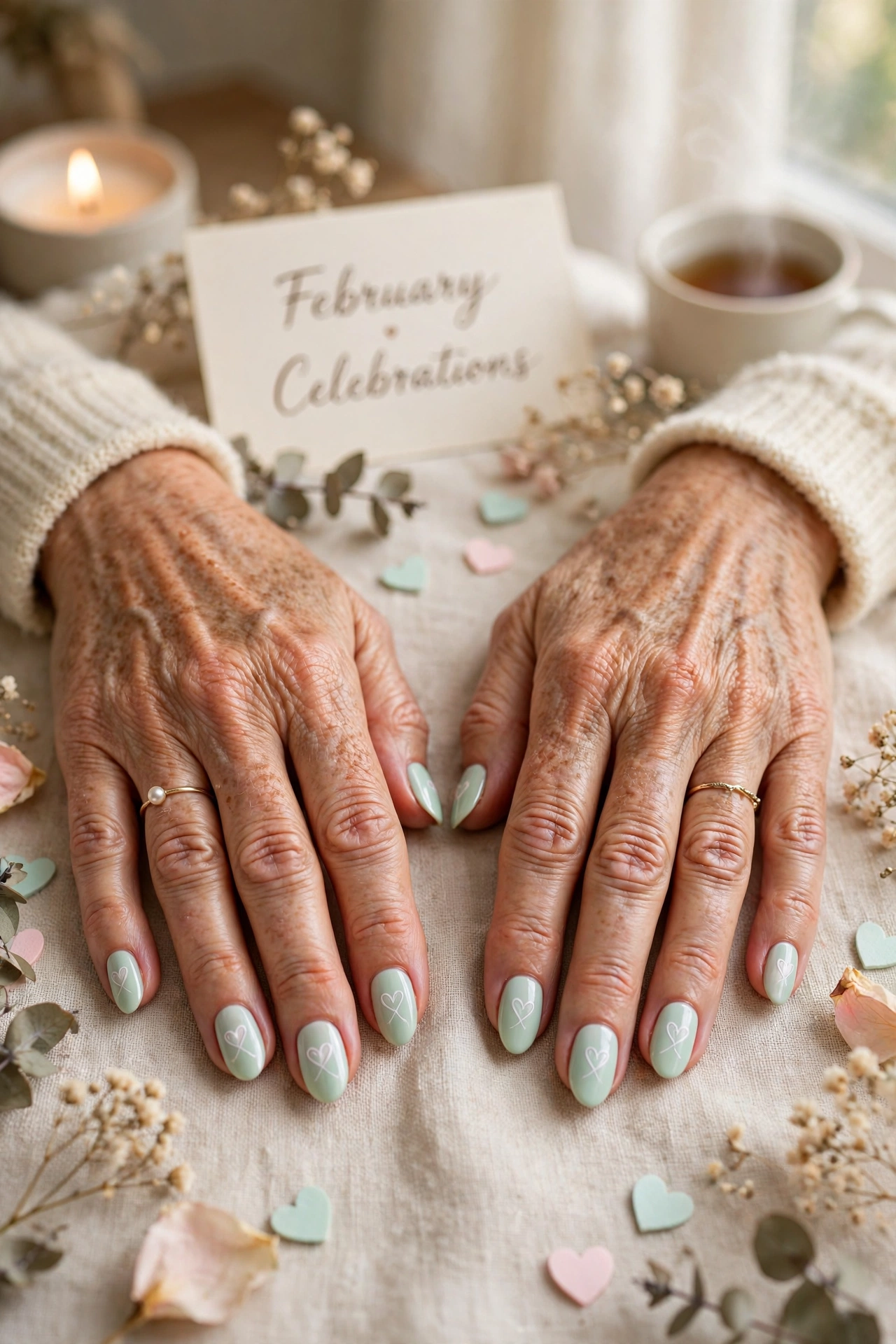 Pastel Mint Pastel Heart Accent Nails in Almond Shape with a Delicate White Detail