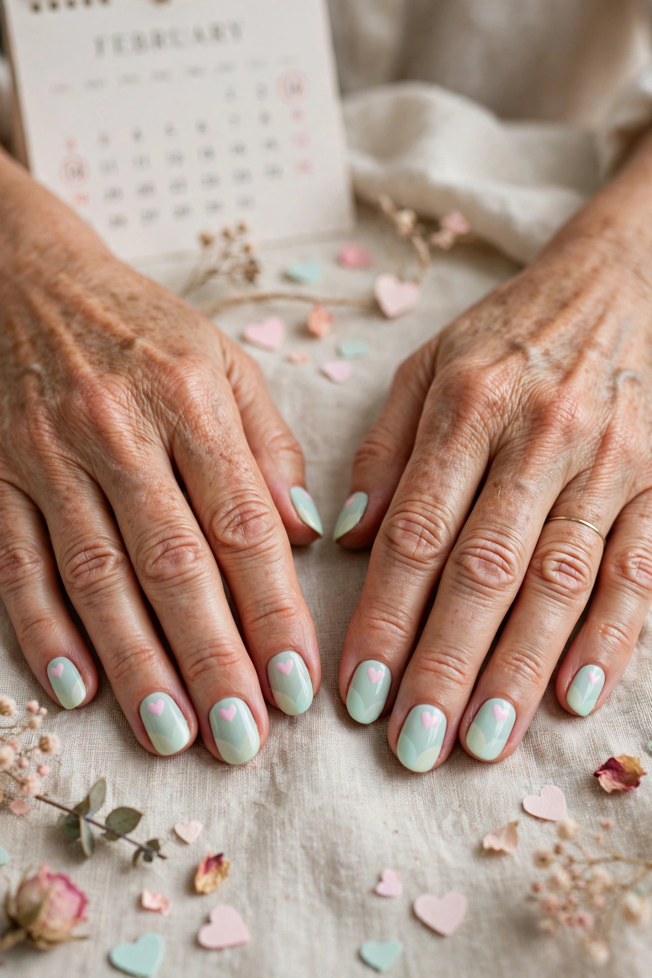 Pastel Mint Pastel Heart Accent Nails in Round Shape with a Two-Tone Finish