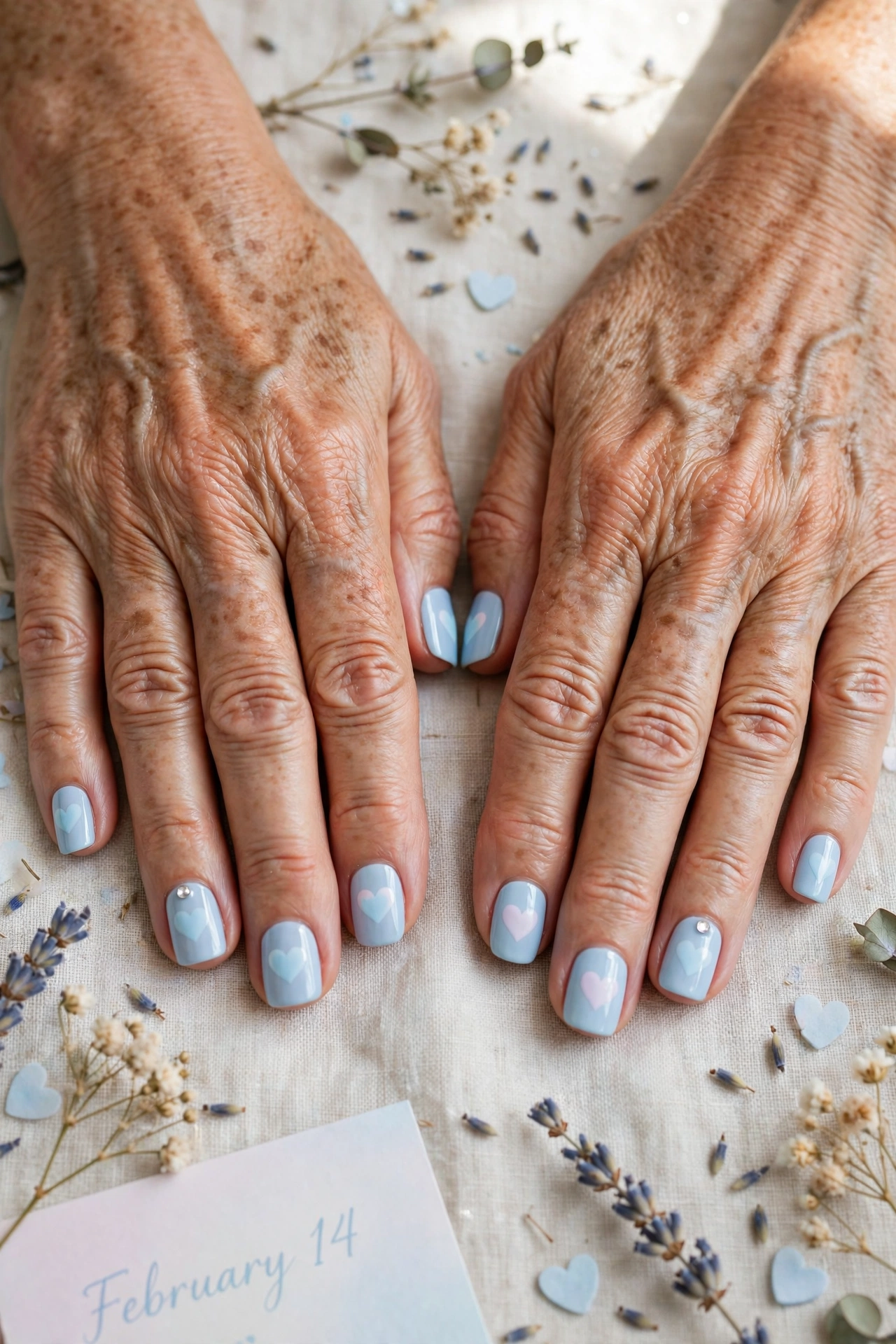 Pastel Blue Pastel Heart Accent Nails in Squoval Shape with a Tiny Crystal on the Ring Finger