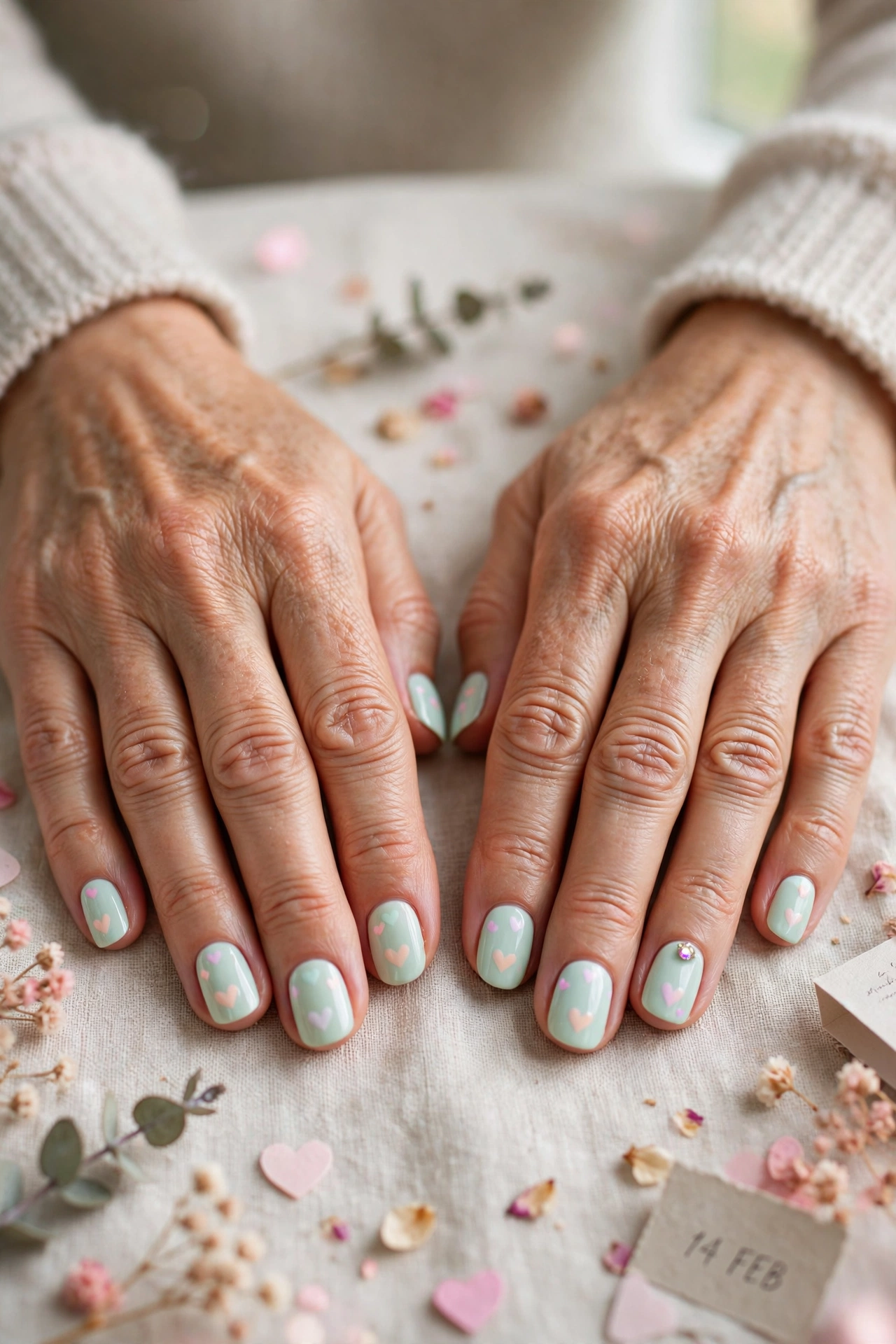 Pastel Mint Pastel Heart Accent Nails in Round Shape with a Jewel Accent on One Nail