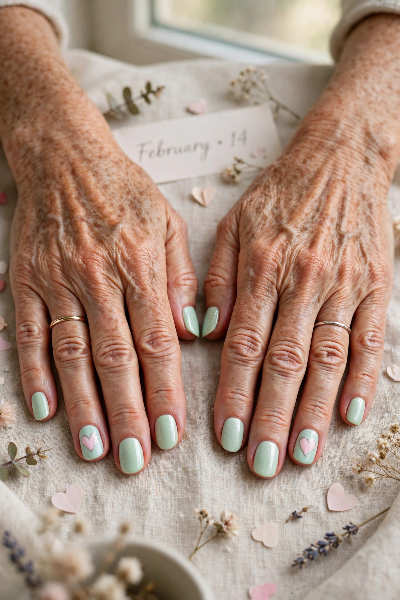 Pastel Mint Pastel Heart Accent Nails in Round Shape with a Silver Shimmer Line