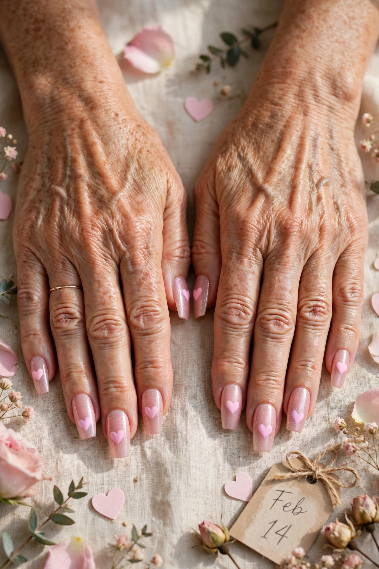 Pastel Rose Pastel Heart Accent Nails in Coffin Shape with a Sheer Shimmer Layer