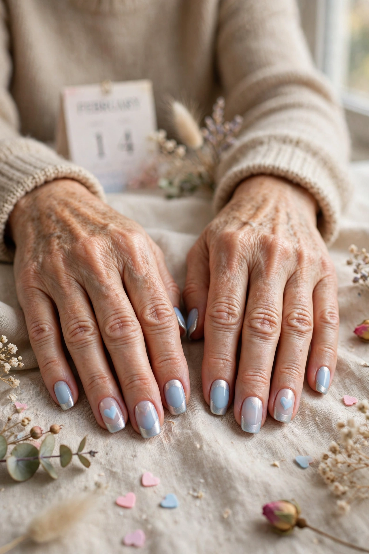 Pastel Blue Pastel Heart Accent Nails in Squoval Shape with a Frosted Chrome Tip