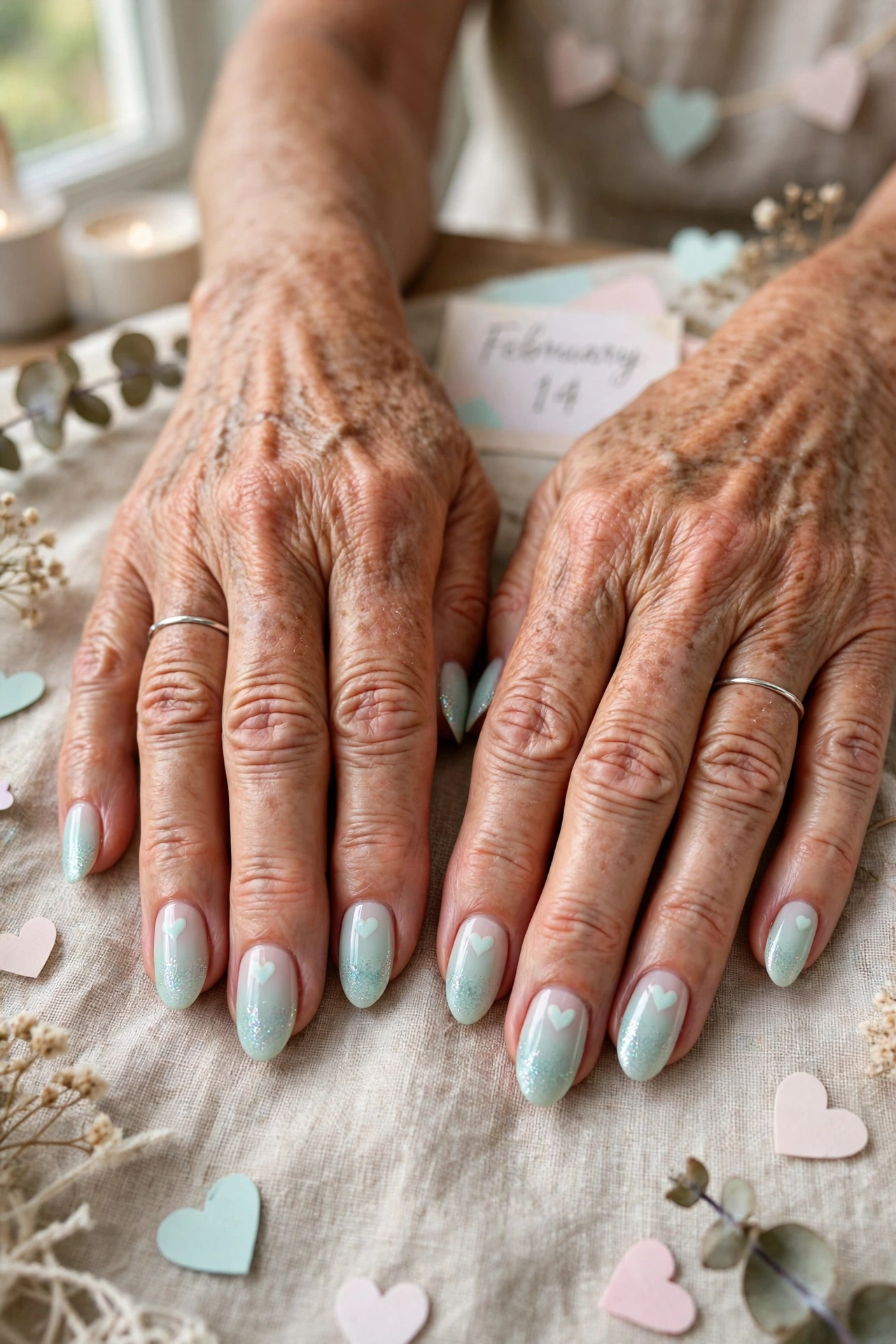 Pastel Mint Pastel Heart Accent Nails in Almond Shape with a Glitter Fade Tip