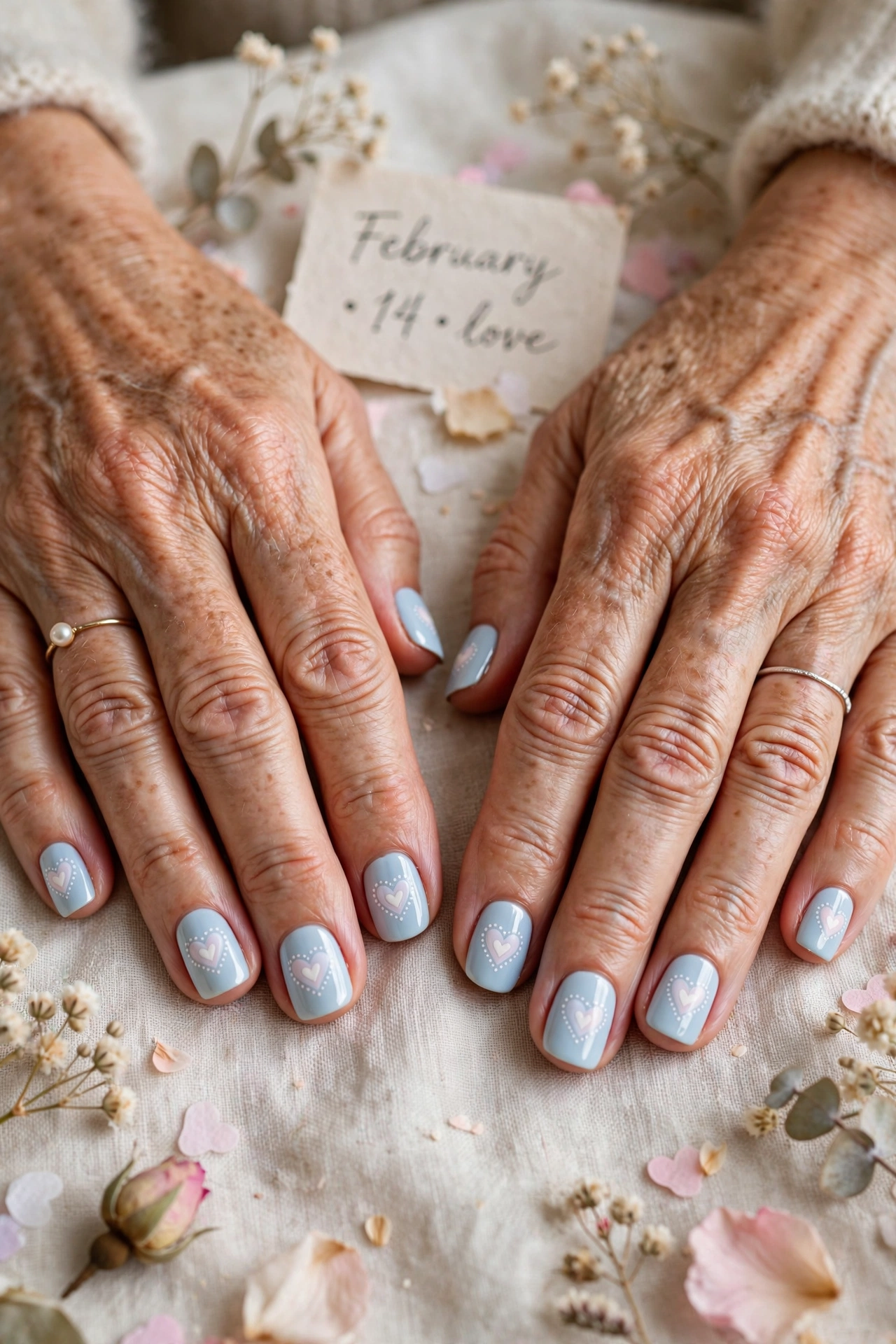 Pastel Blue Pastel Heart Accent Nails in Short Square Shape with a Delicate White Detail