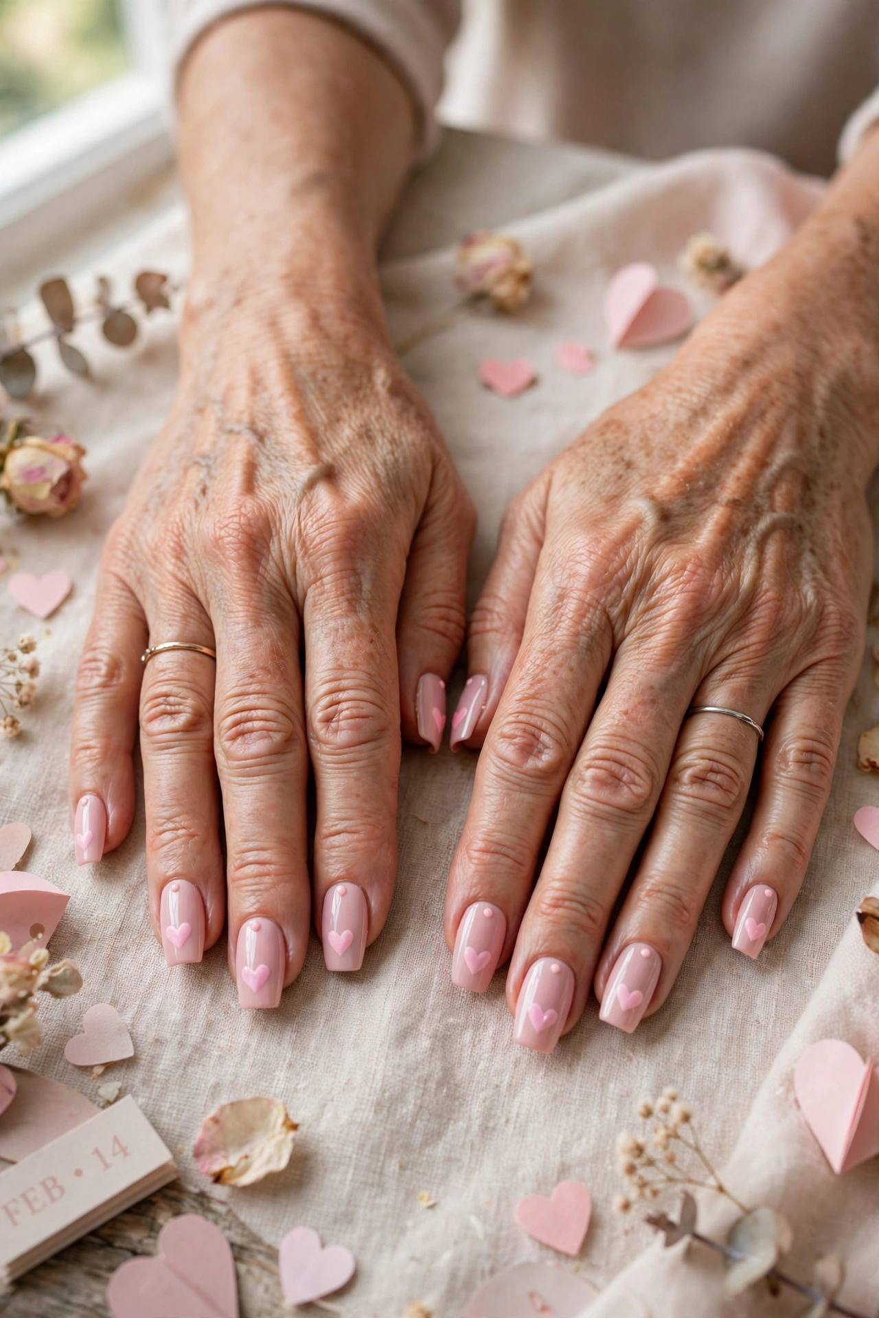 Pastel Rose Pastel Heart Accent Nails in Coffin Shape with a Minimal Dot Detail