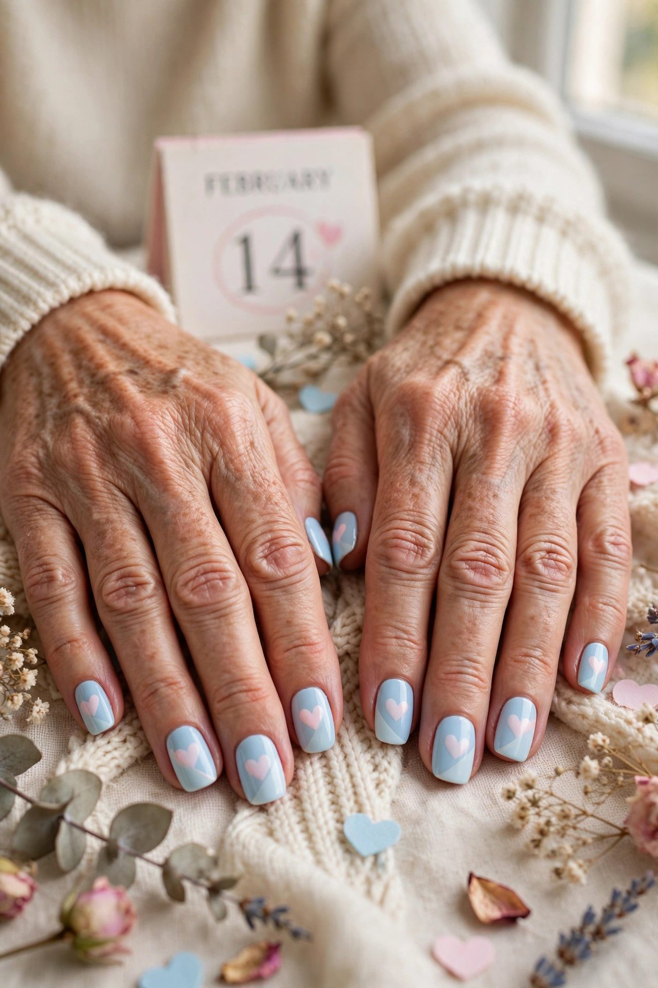 Pastel Blue Pastel Heart Accent Nails in Squoval Shape with a Two-Tone Finish