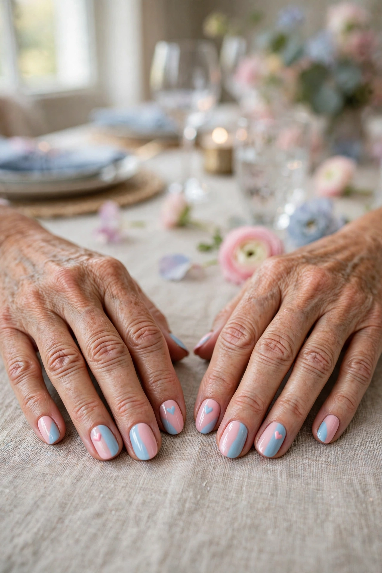 Blush and Sky Pastel Pink and Blue Valentine Nails in Oval Shape with a Two-Tone Finish