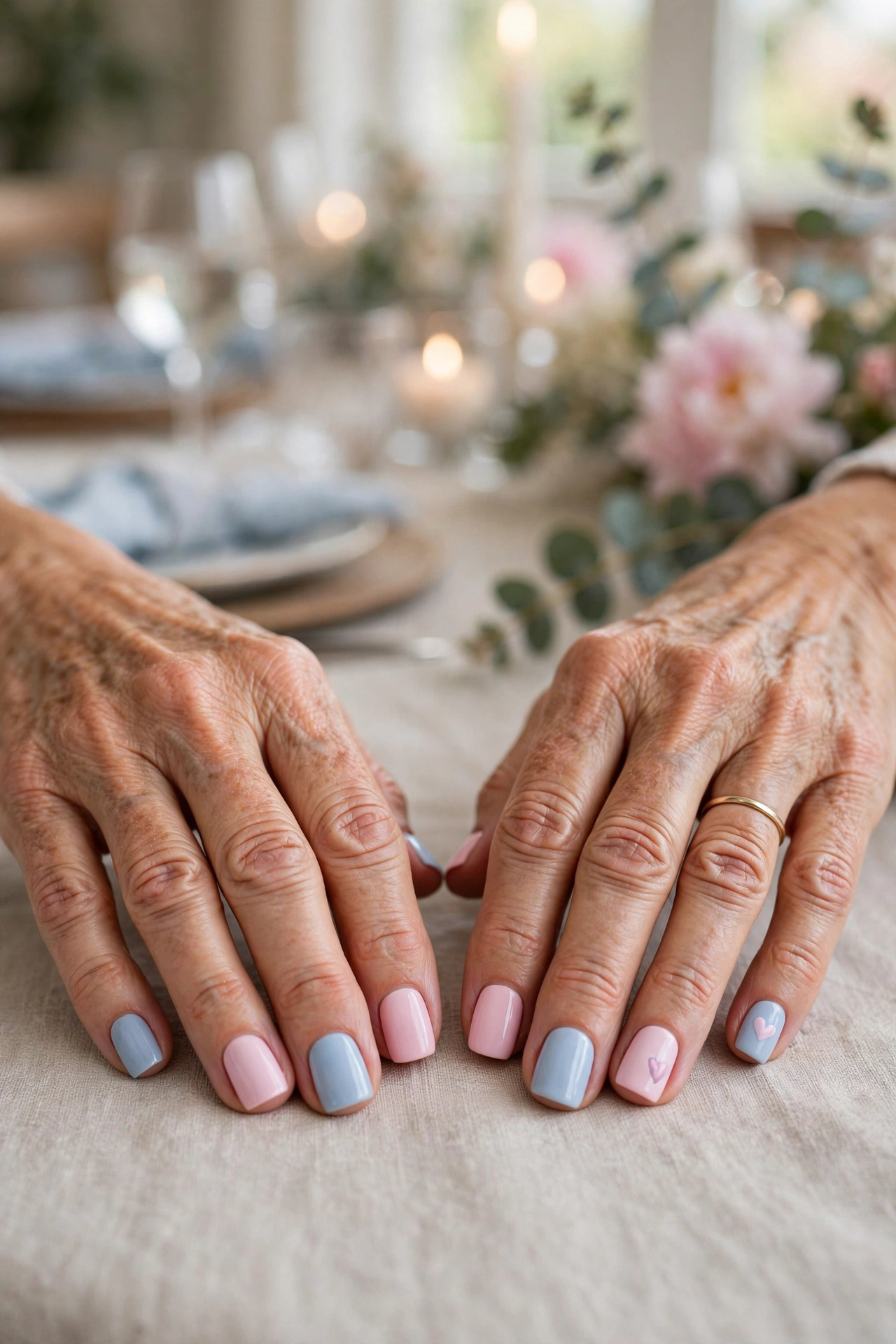 Pale Pink and Powder Blue Pastel Pink and Blue Valentine Nails in Short Square Shape with a Tiny Heart on the Accent Nail