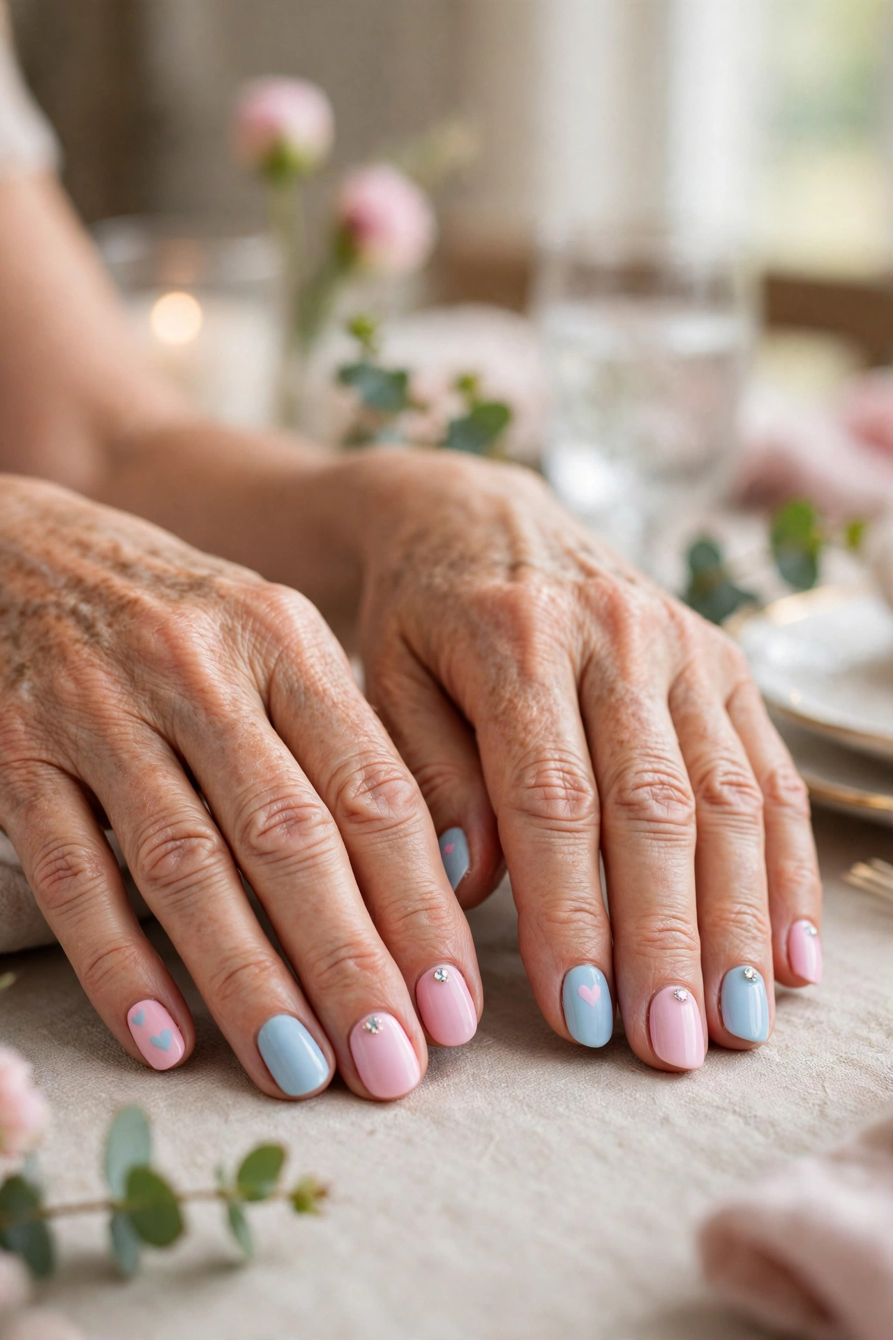 Pastel Blue Pastel Pink and Blue Valentine Nails in Round Shape with a Tiny Crystal on the Ring Finger