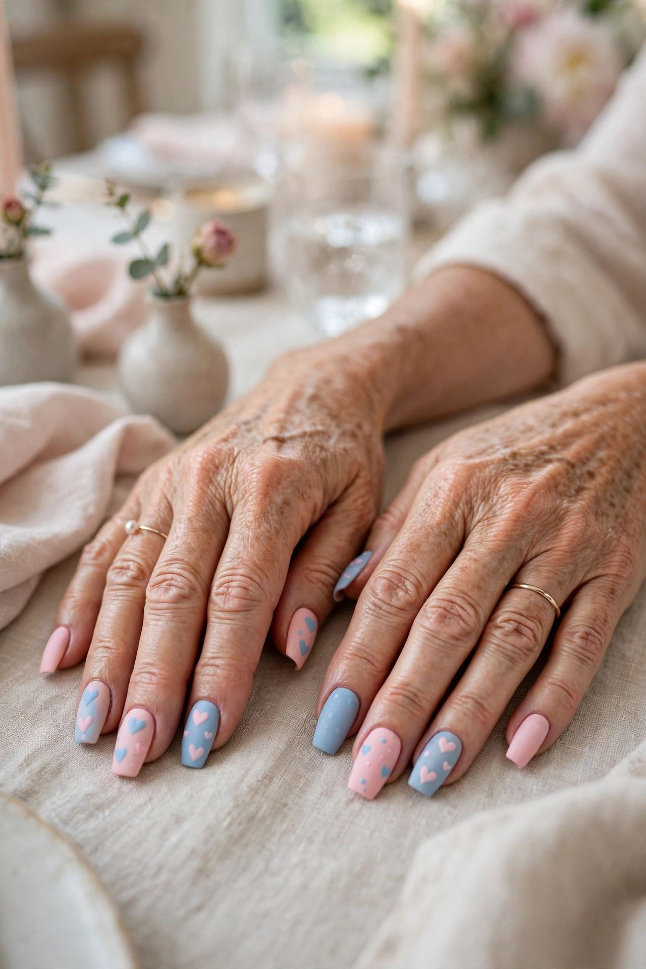 Blush and Sky Pastel Pink and Blue Valentine Nails in Coffin Shape with a Matte Top Coat