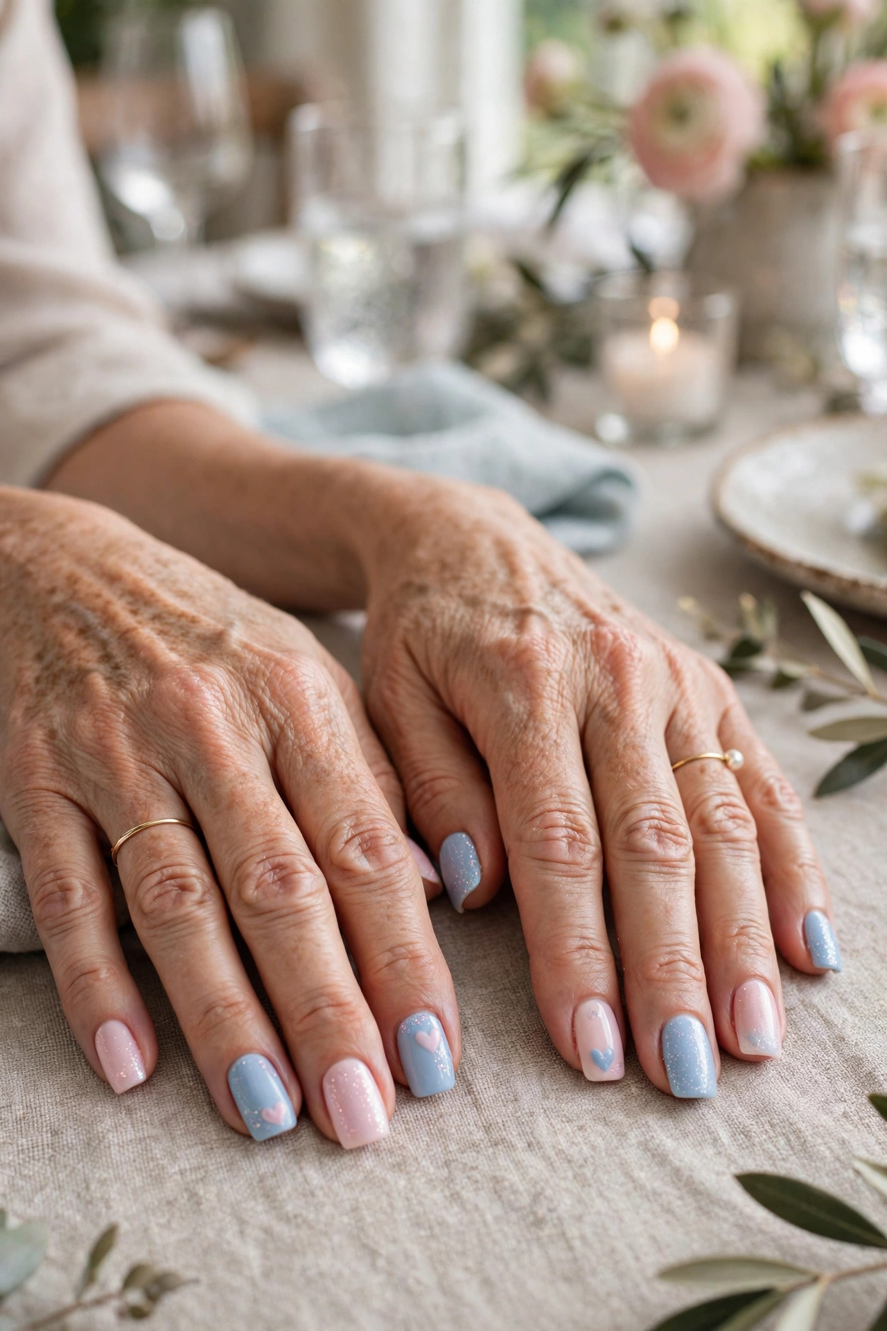 Pale Pink and Powder Blue Pastel Pink and Blue Valentine Nails in Squoval Shape with a Subtle Glitter Accent