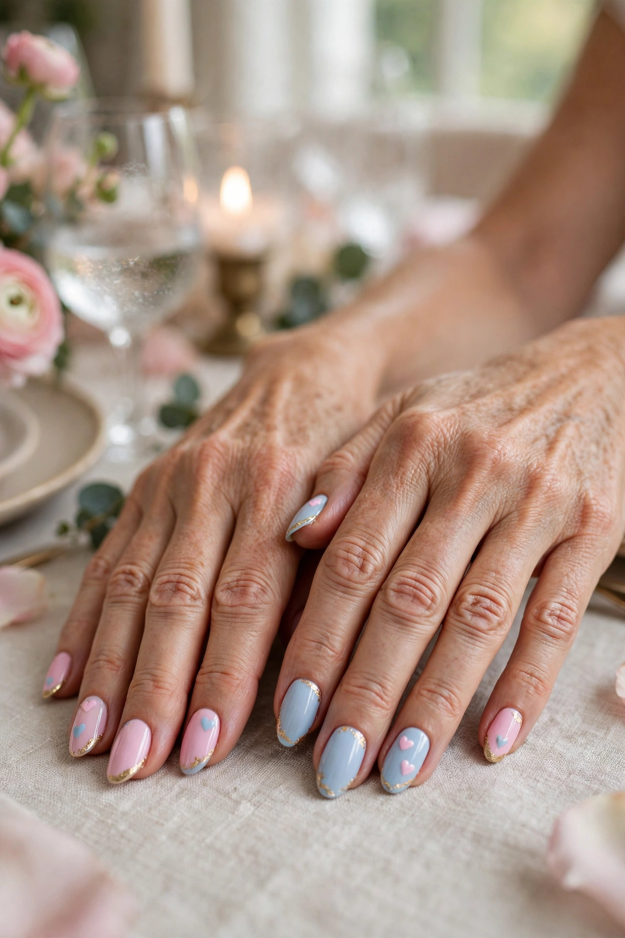 Pastel Blue Pastel Pink and Blue Valentine Nails in Almond Shape with a Gold Foil Tip