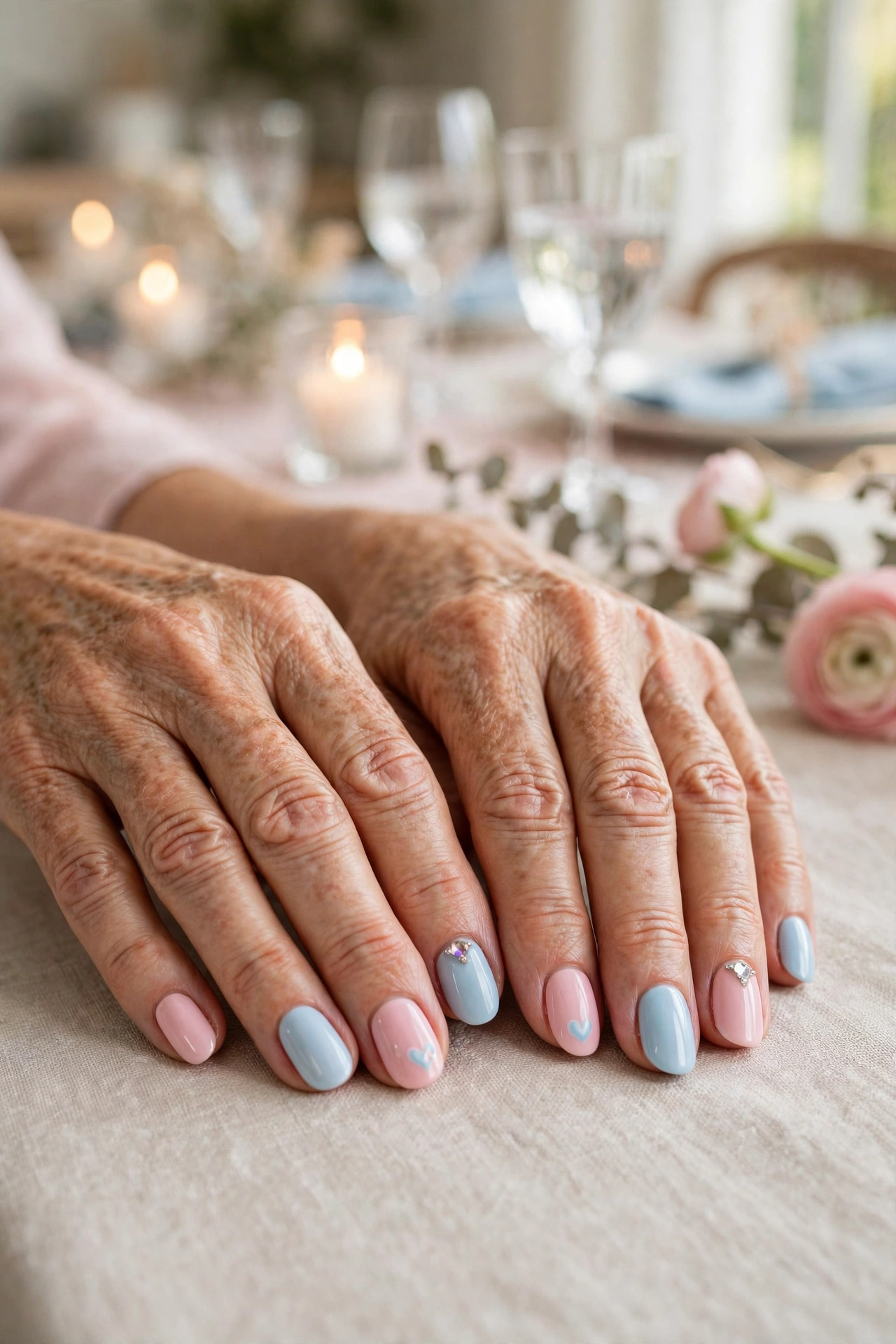 Blush and Sky Pastel Pink and Blue Valentine Nails in Oval Shape with a Jewel Accent on One Nail