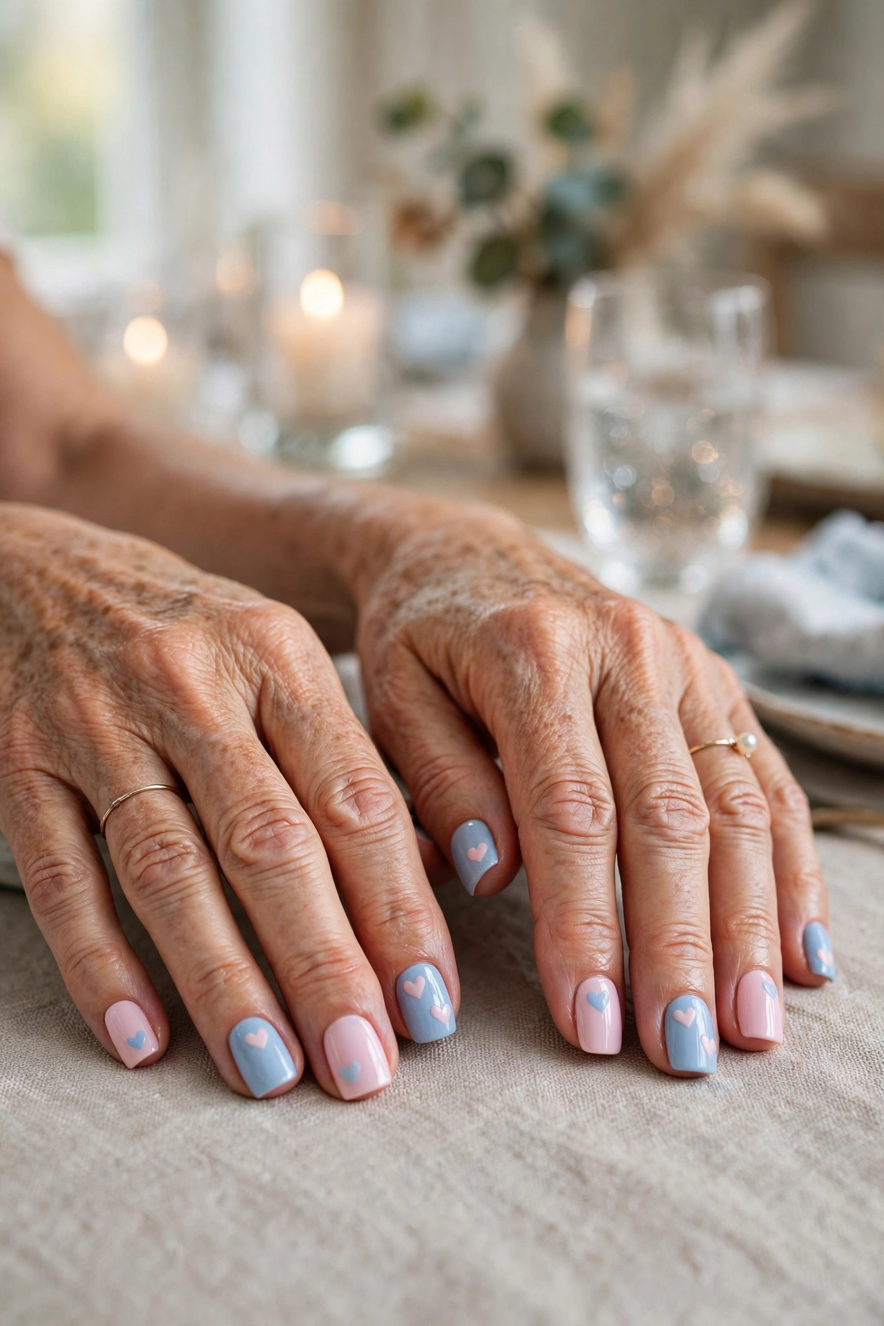 Pale Pink and Powder Blue Pastel Pink and Blue Valentine Nails in Short Square Shape with a Glossy Top Coat