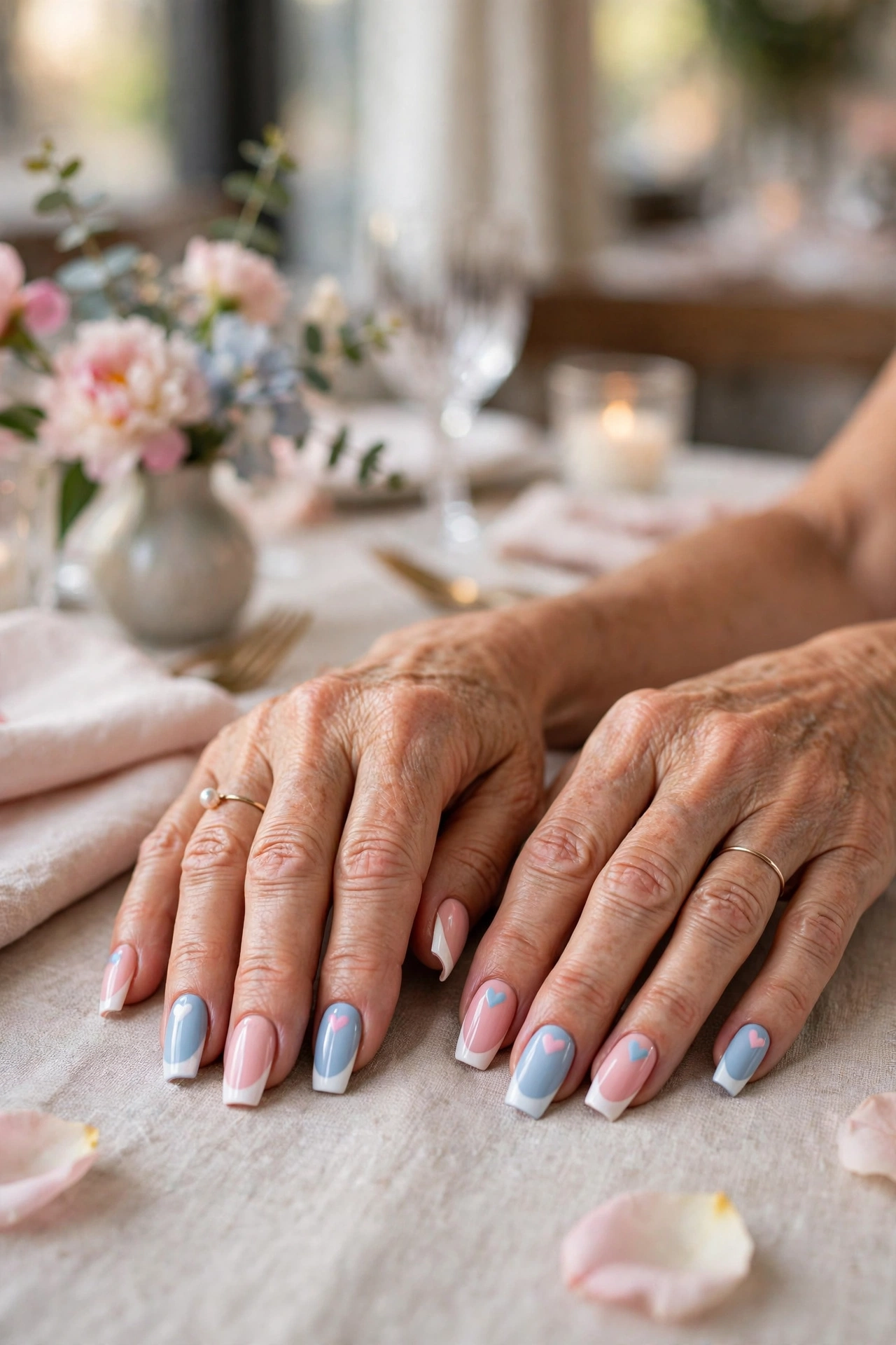 Blush and Sky Pastel Pink and Blue Valentine Nails in Coffin Shape with a Classic French Tip