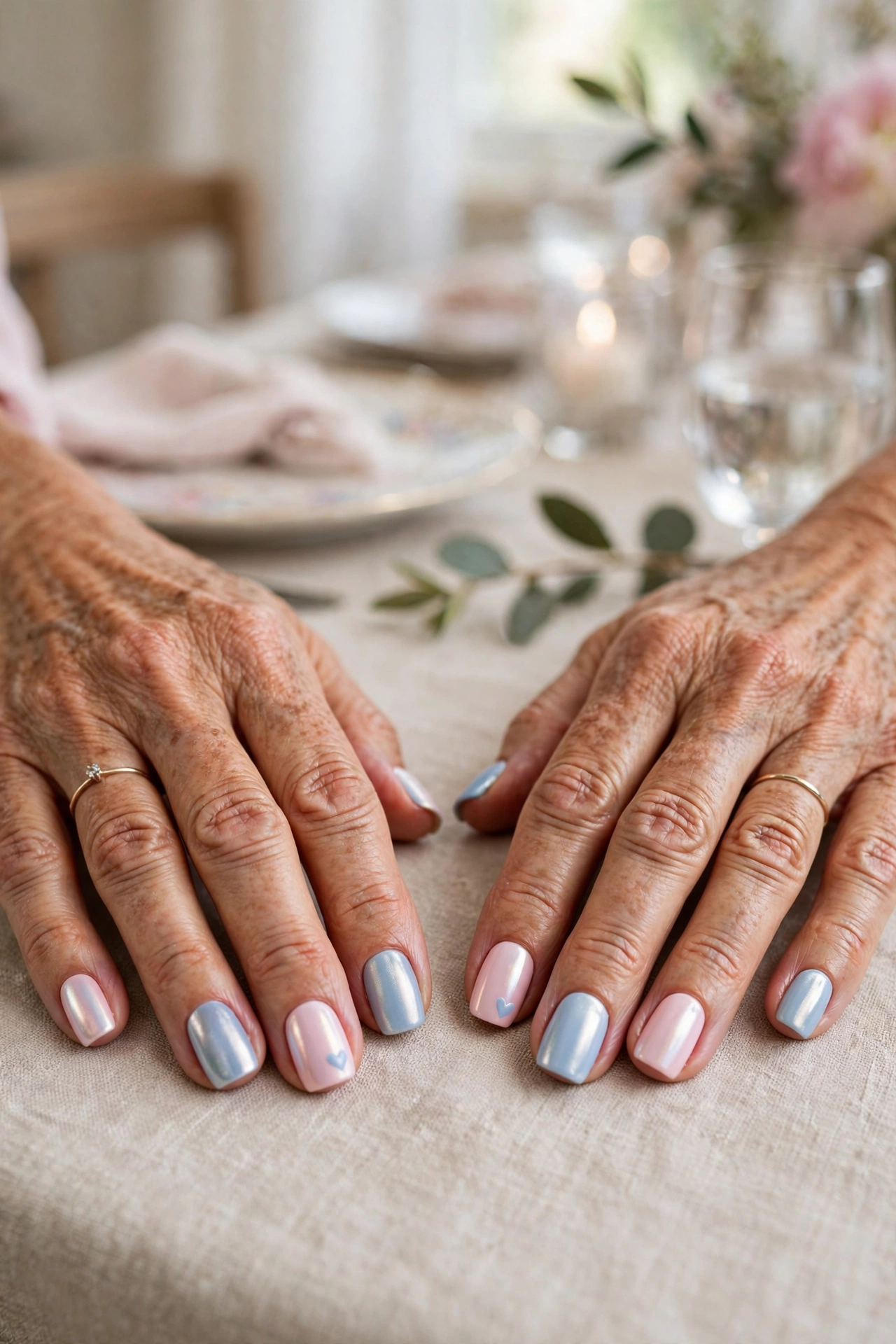 Pale Pink and Powder Blue Pastel Pink and Blue Valentine Nails in Squoval Shape with a Chrome Shine