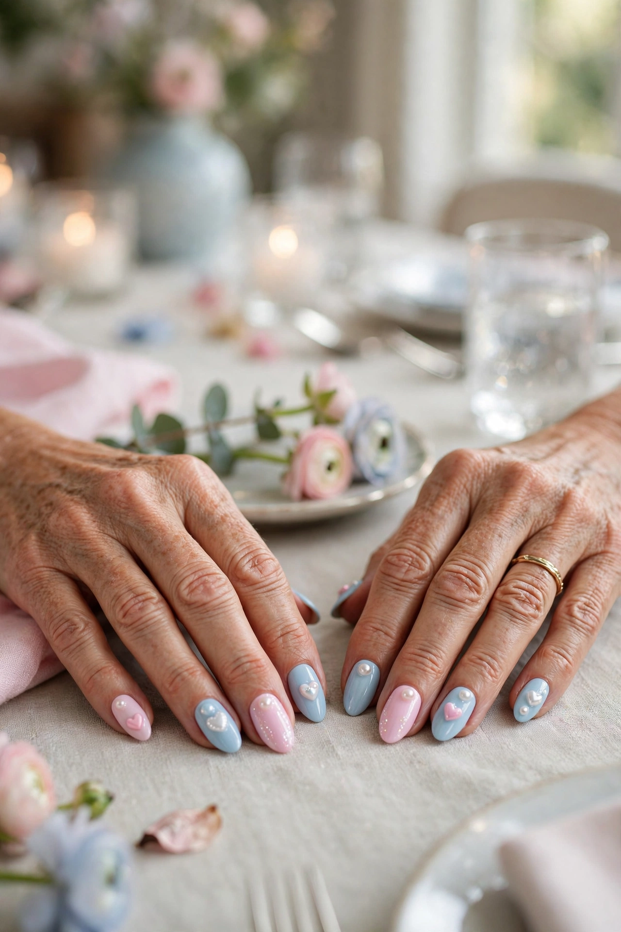 Pastel Blue Pastel Pink and Blue Valentine Nails in Almond Shape with a Pearl Finish