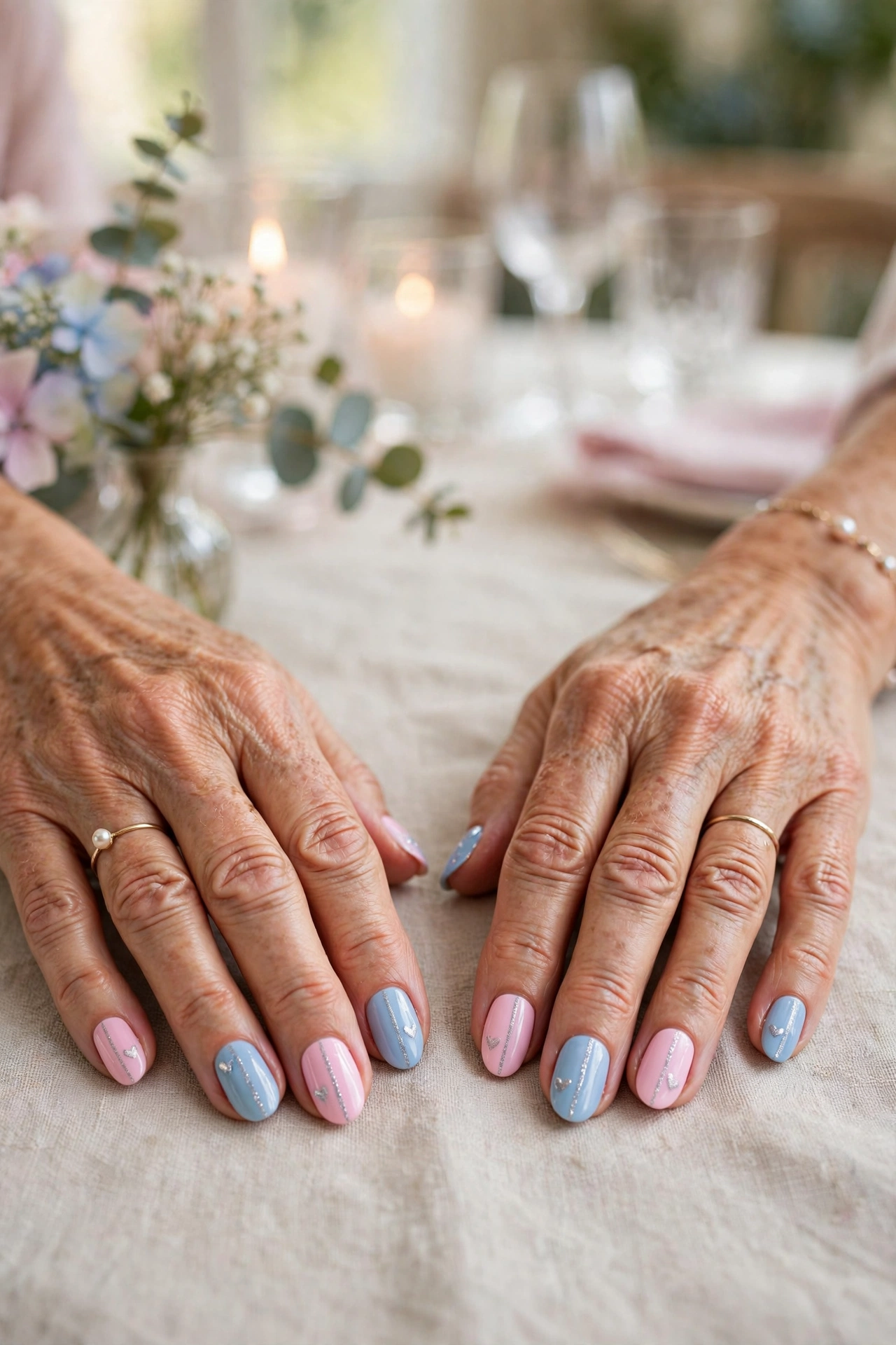 Blush and Sky Pastel Pink and Blue Valentine Nails in Oval Shape with a Silver Shimmer Line