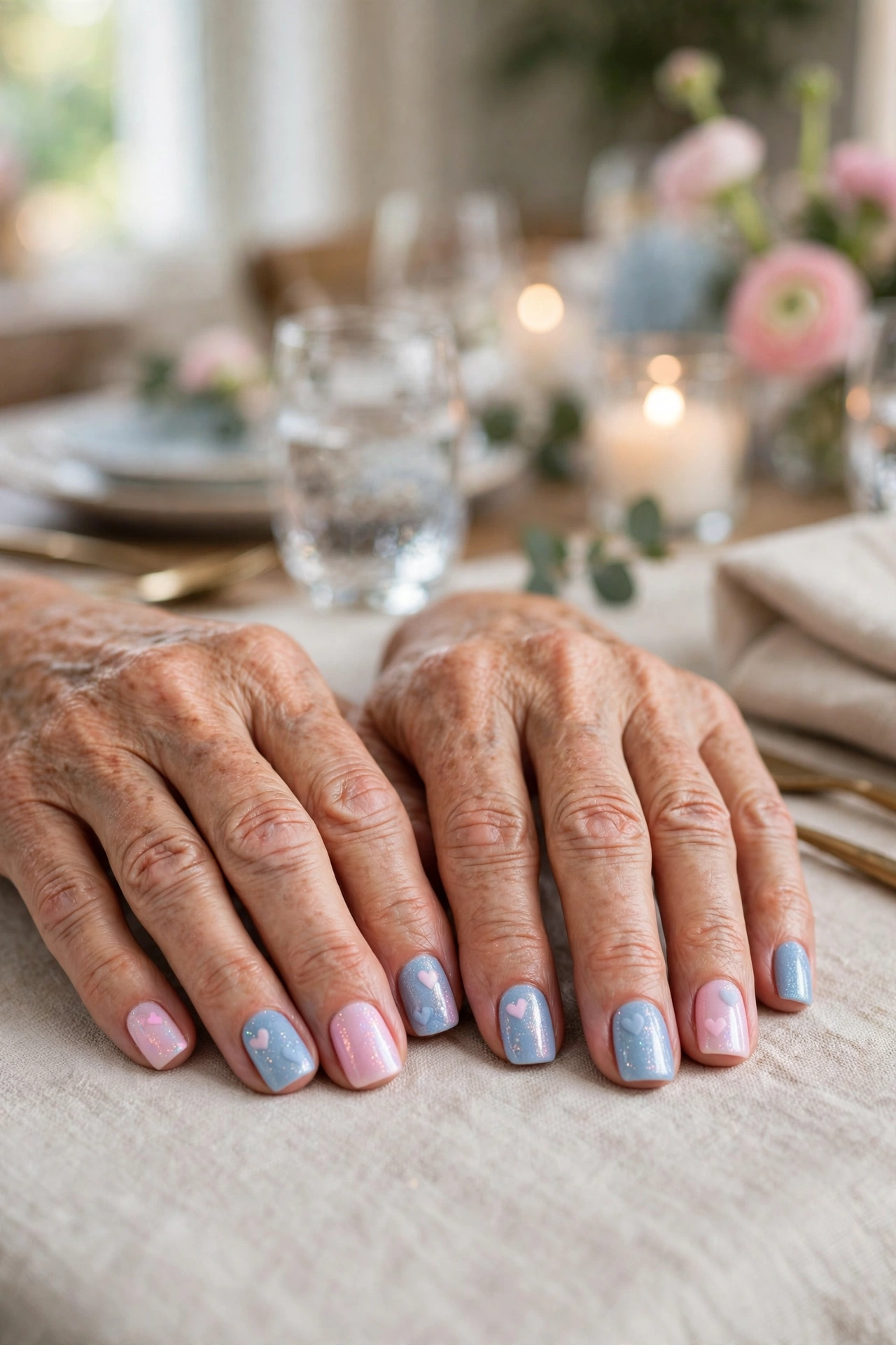 Pale Pink and Powder Blue Pastel Pink and Blue Valentine Nails in Short Square Shape with a Sheer Shimmer Layer