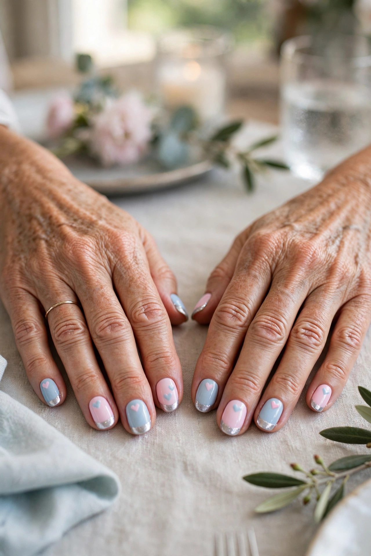 Pastel Blue Pastel Pink and Blue Valentine Nails in Round Shape with a Frosted Chrome Tip