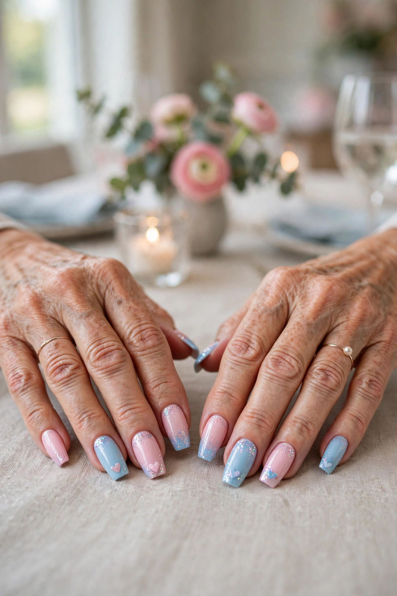 Blush and Sky Pastel Pink and Blue Valentine Nails in Coffin Shape with a Glitter Fade Tip