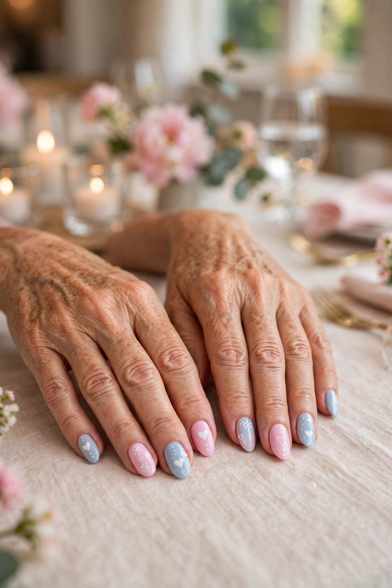 Pastel Blue Pastel Pink and Blue Valentine Nails in Almond Shape with a Delicate White Detail