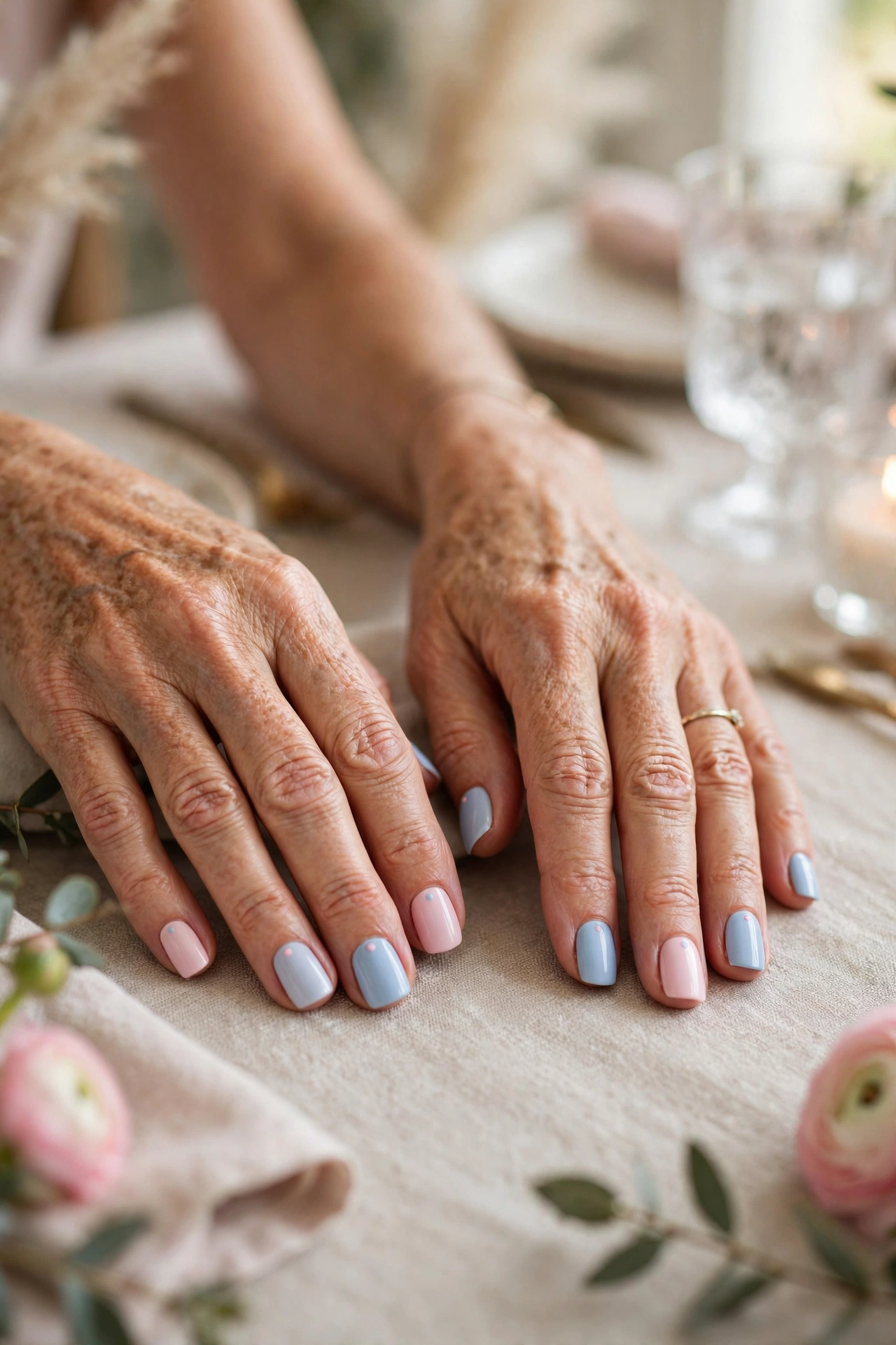 Pale Pink and Powder Blue Pastel Pink and Blue Valentine Nails in Short Square Shape with a Minimal Dot Detail