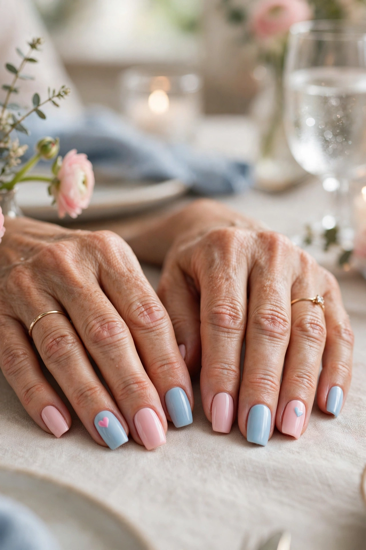 Blush and Sky Pastel Pink and Blue Valentine Nails in Coffin Shape with a Tiny Heart on the Accent Nail