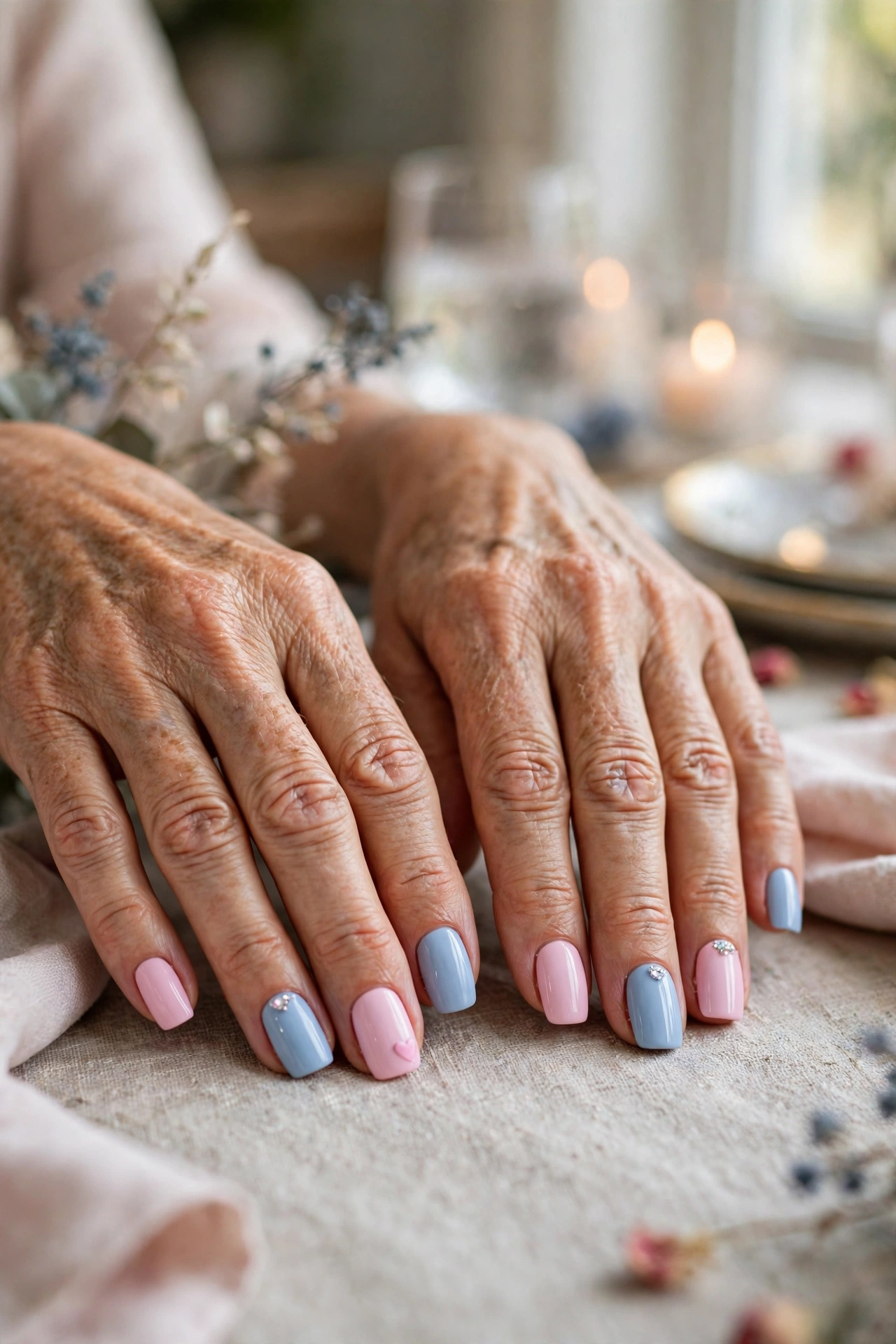 Pale Pink and Powder Blue Pastel Pink and Blue Valentine Nails in Squoval Shape with a Tiny Crystal on the Ring Finger