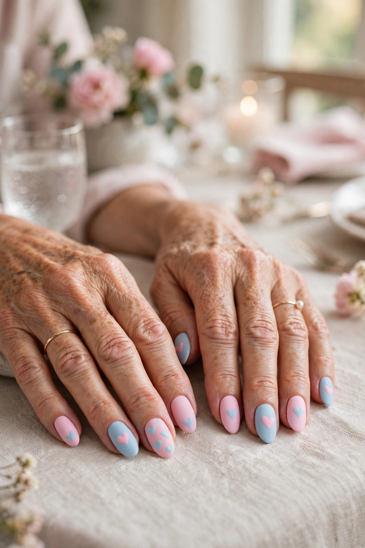 Pastel Blue Pastel Pink and Blue Valentine Nails in Almond Shape with a Matte Top Coat